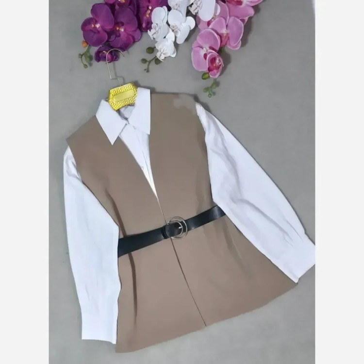 ست سه تیکه وست و شومیز زنانه به همراه کمربند جنس کراش پفکی و مازراتی فری سایز