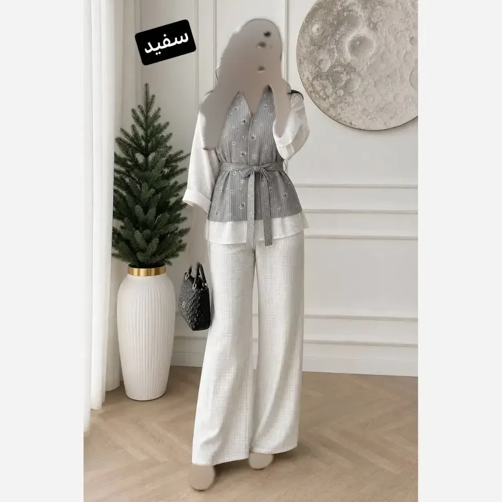 ست سه تیکه زنانه مدل مهربانو جنس وست گلگچی و شومیز شانتون فری سایز تا 46