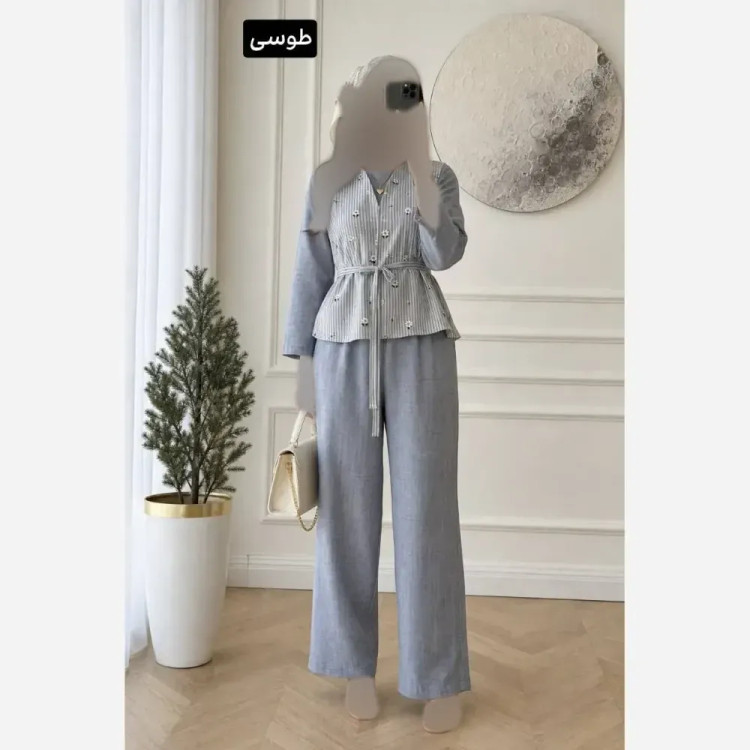 ست سه تیکه زنانه مدل مهربانو جنس وست گلگچی و شومیز شانتون فری سایز تا 46