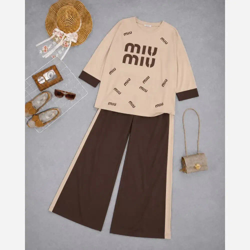 ست شومیز و شلوار گلکسی miu miu کرم قهوه ای فری سایز تا 48