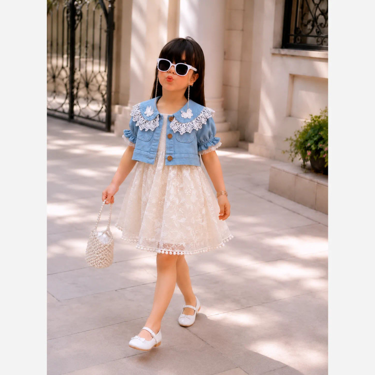 کت و سارافون مجلسی دخترانه آبی روشن مناسب 1 تا 7 سال طرح برگ یا گل